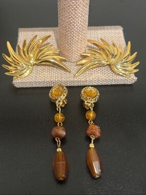 Vintage Statement Earring Lot • Mid Century Gold Wings & Amber Beaded Drops
